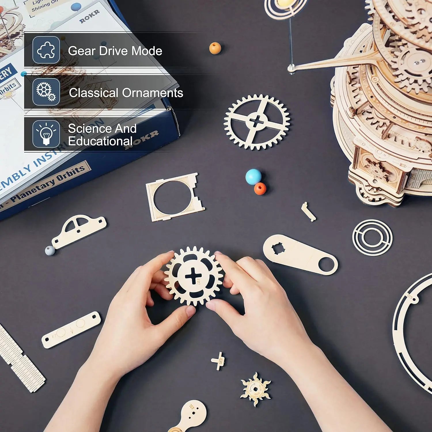 Robotime rokr 316pcs rotatable mechanical orrery diy wooden model building block kits assembly toy gift for children