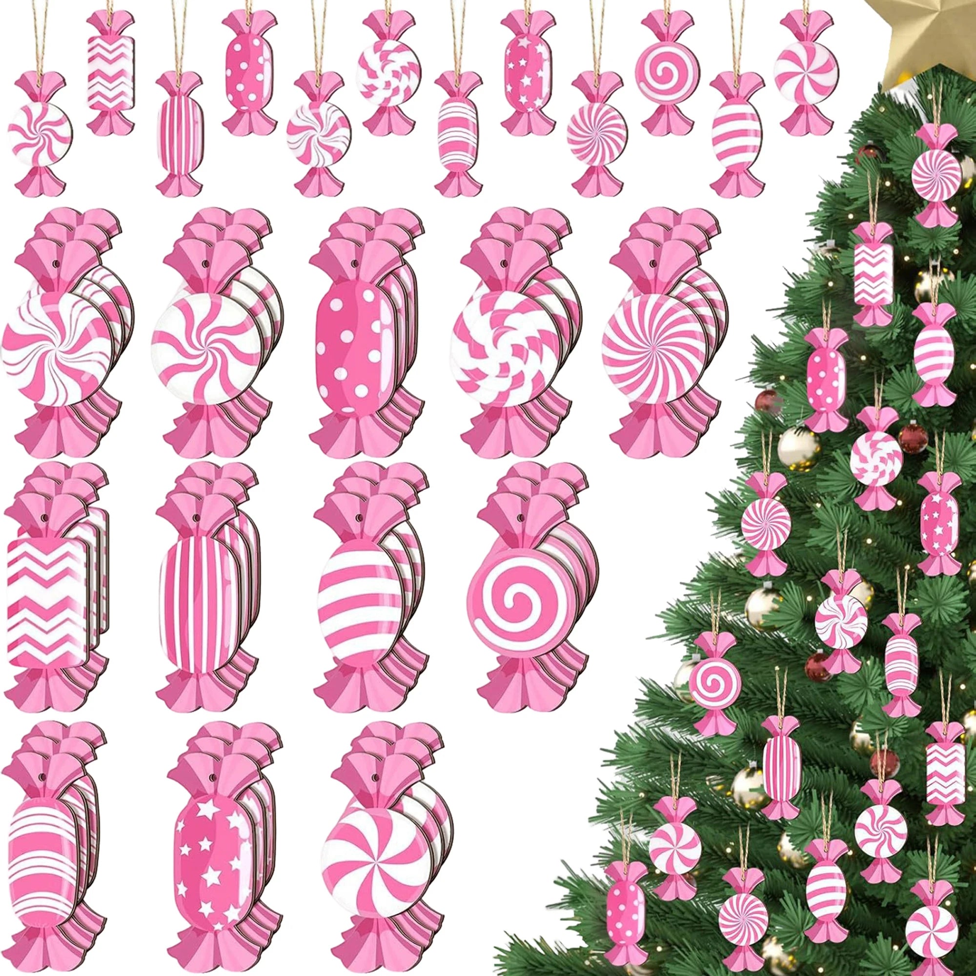 Adorable set of pink candy wooden christmas tree ornaments with hanging charms for festive home decor - 36pcs / united