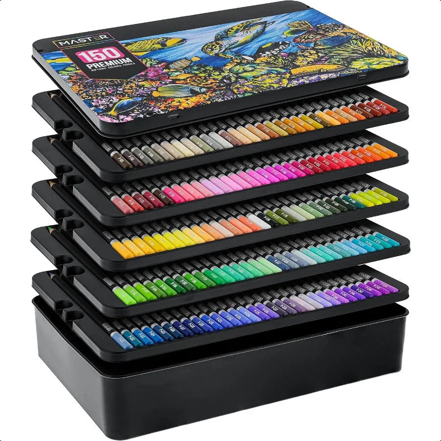 Master 150 colored pencil mega set with premium soft thick core vibrant color leads in tin storage box profional