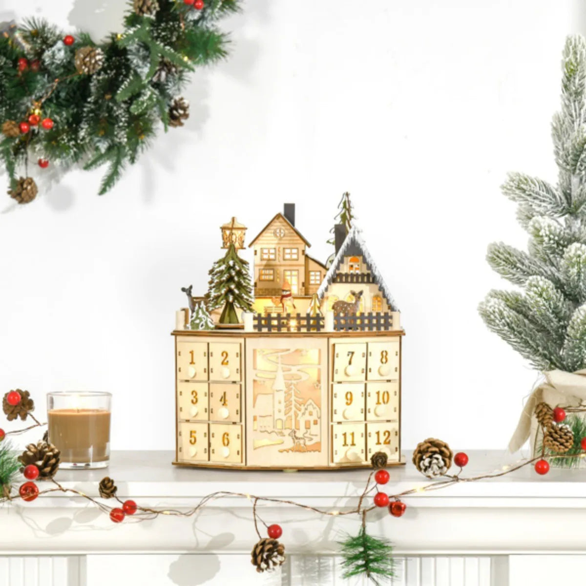 Handmade wooden advent calendar 24 day countdown with musical village scene decoration xmas party - as show / m