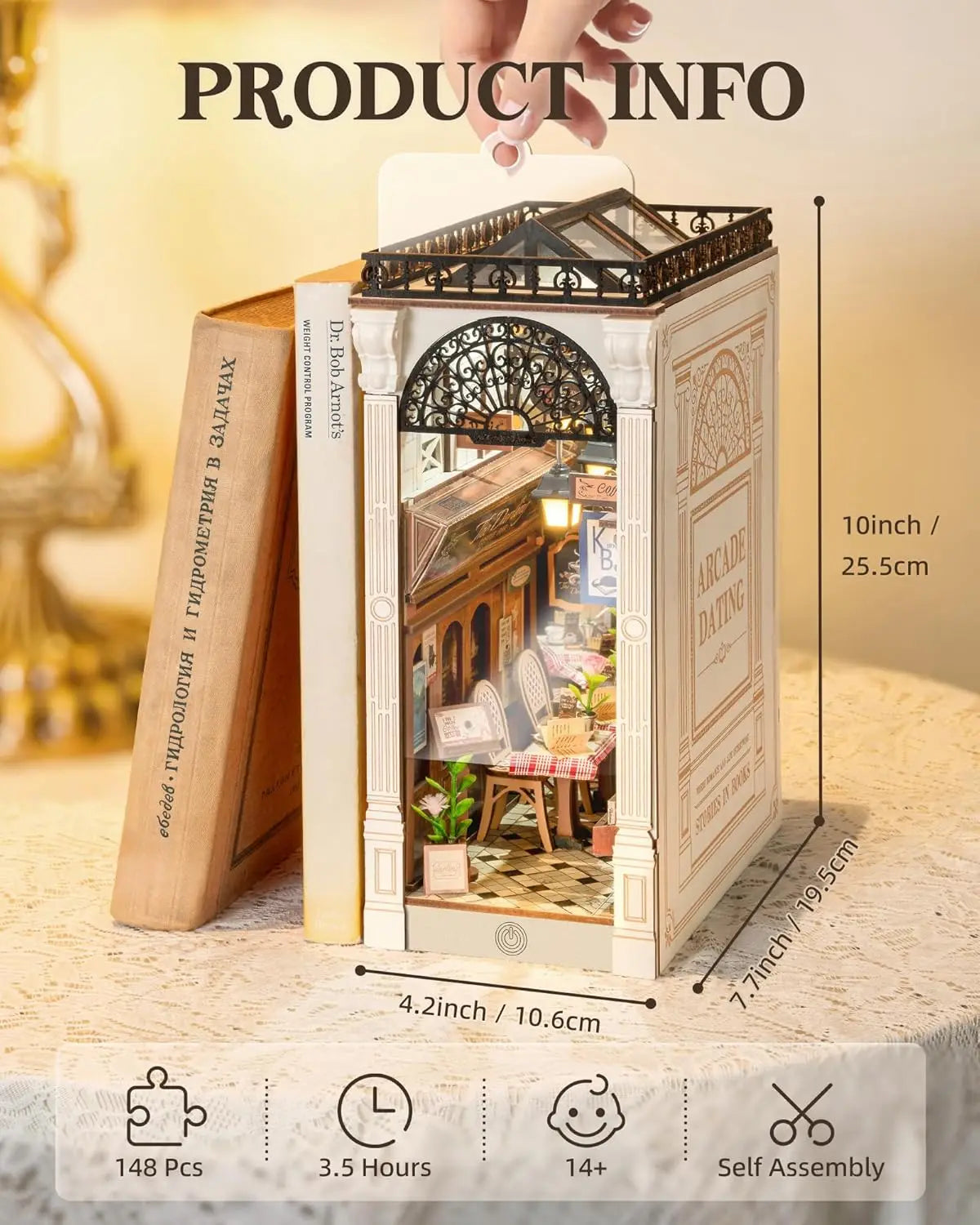 Robotime arcade dating booknook with dust cover diy miniature dolls house kit 3d wooden puzzle bookend bookshelf decor