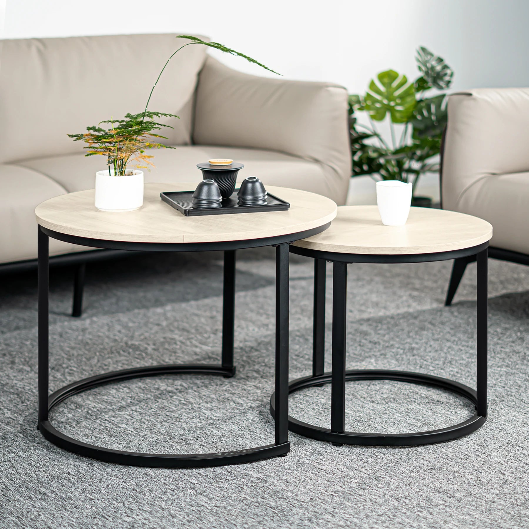 2-piece round nesting coffee table set | black & white oak metal frame wood top | sturdy durable easy assembly (no