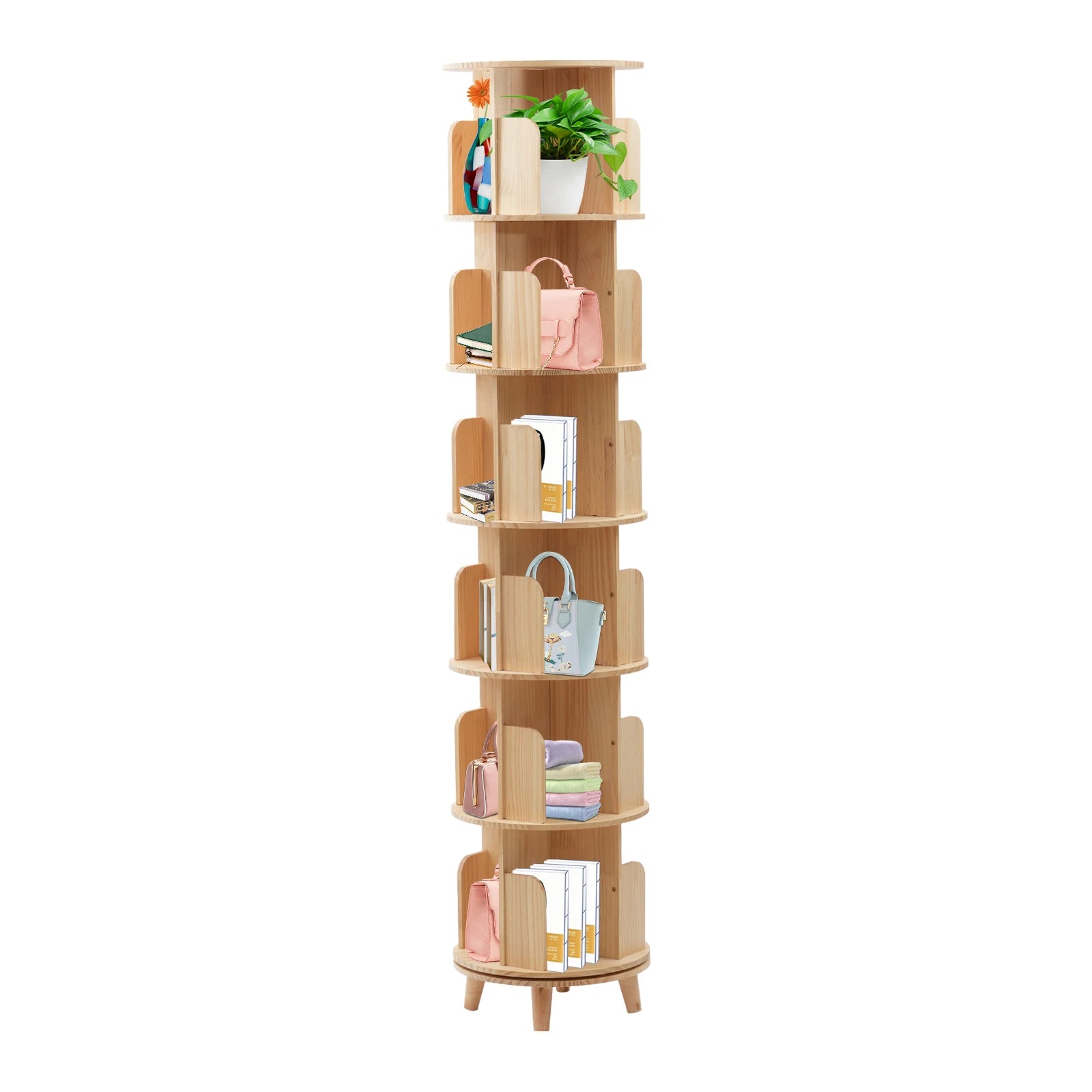 Rotating bookshelf 6 tiers pine wood 110lbs load per layer 0.47in thick panels curved baffle reinforced chassis