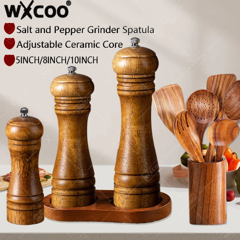 Wxcoo wood salt and pepper grinder cooking spice shakers mills grinding bottle with base kitchen accessories