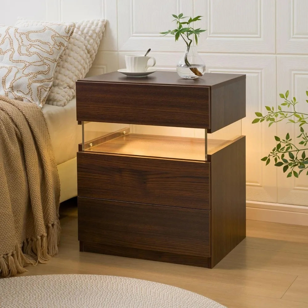 Led nightstand wood for bedroom bedside table with 3 drawers modern side tables - united states / walnut