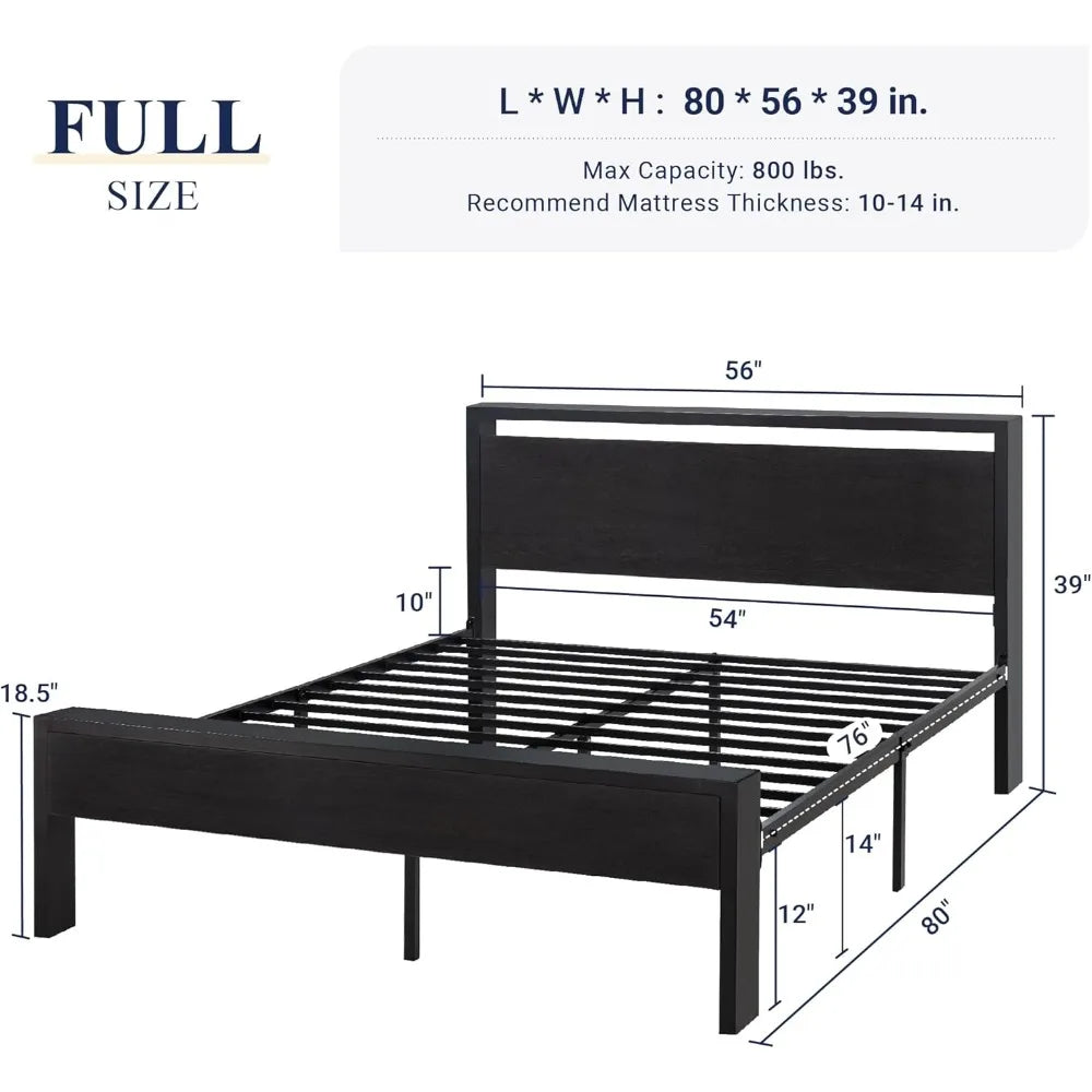 Full size bed frame with wooden headboard and footboard 12 metal slats support no box spring needed easy asse
