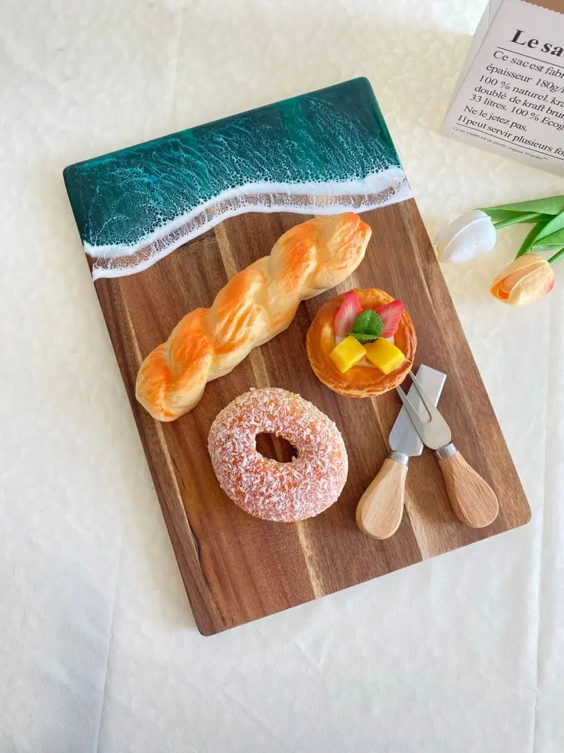 Acacia wood cutting board with resin wave & sea epoxy ocean pan for kitchen meal prep serving tray cheese cutting