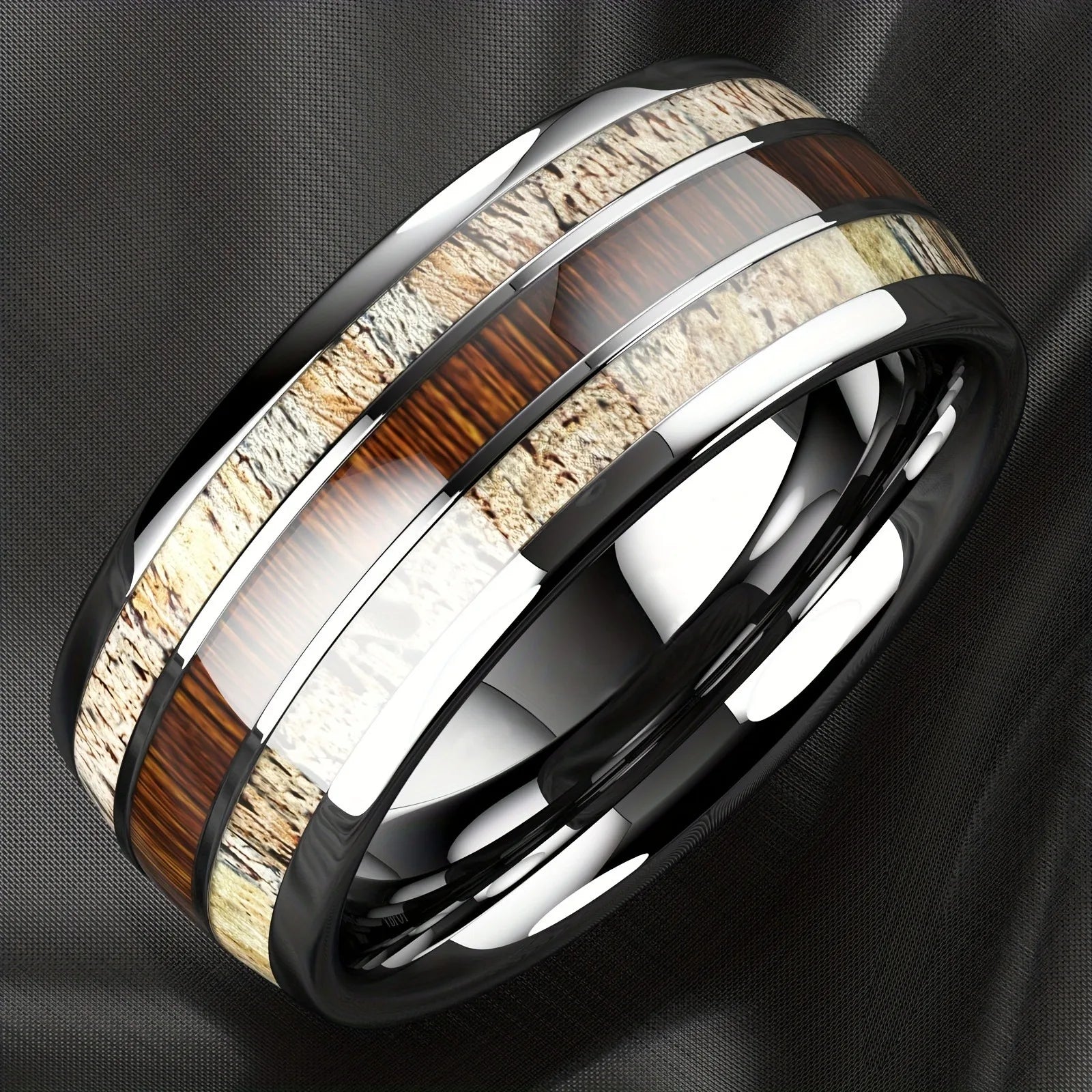 Fashion silver color men’s stainless steel rings koa wood deer antler inlay dome engagement for men women wedding