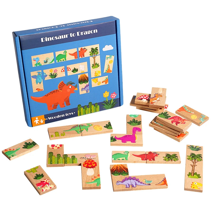 Wooden domino animal dragon matching puzzle graphic early education for ages 3 to 6 - dinosaur