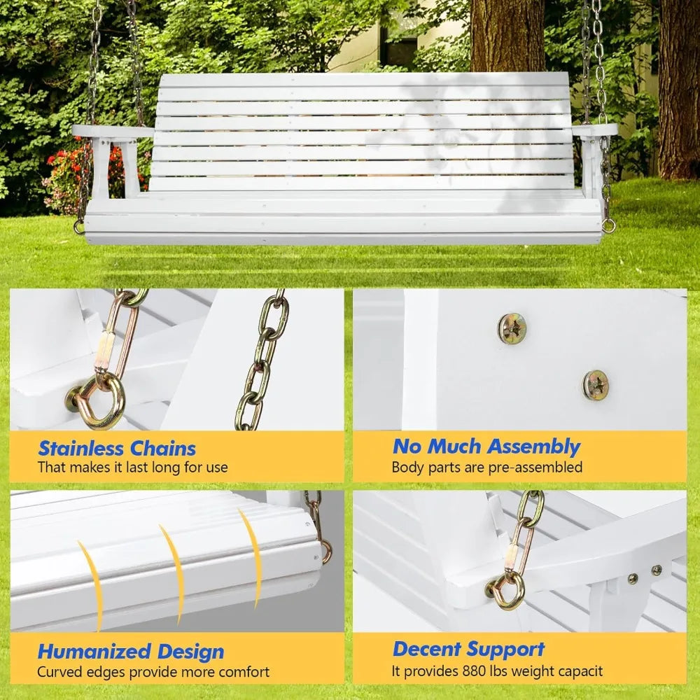 Upgraded patio wooden porch swing for courtyard & garden heavy duty 880 lbs chair bench with hanging chains