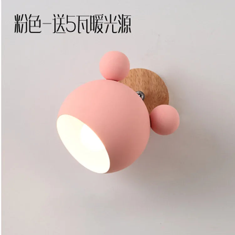 Nordic creative macaron simple personality bedroom mickey cartoon warm children’s room bedside lamp wooden wall - pink