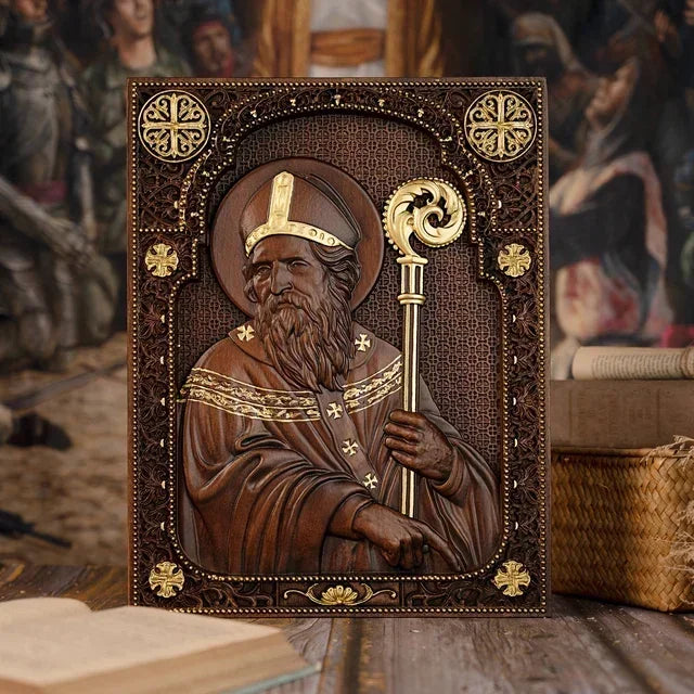 Religious vintage holy wooden carved saint patrick square plaque wall decor catholic gift - high 35cm / outline in gold