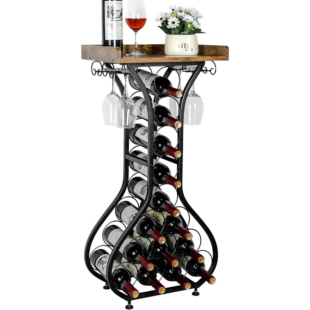 X-cosrack wine rack freestanding floor mini bar table holder stand liquor cabinet with glass wood tabletop 14 bottl