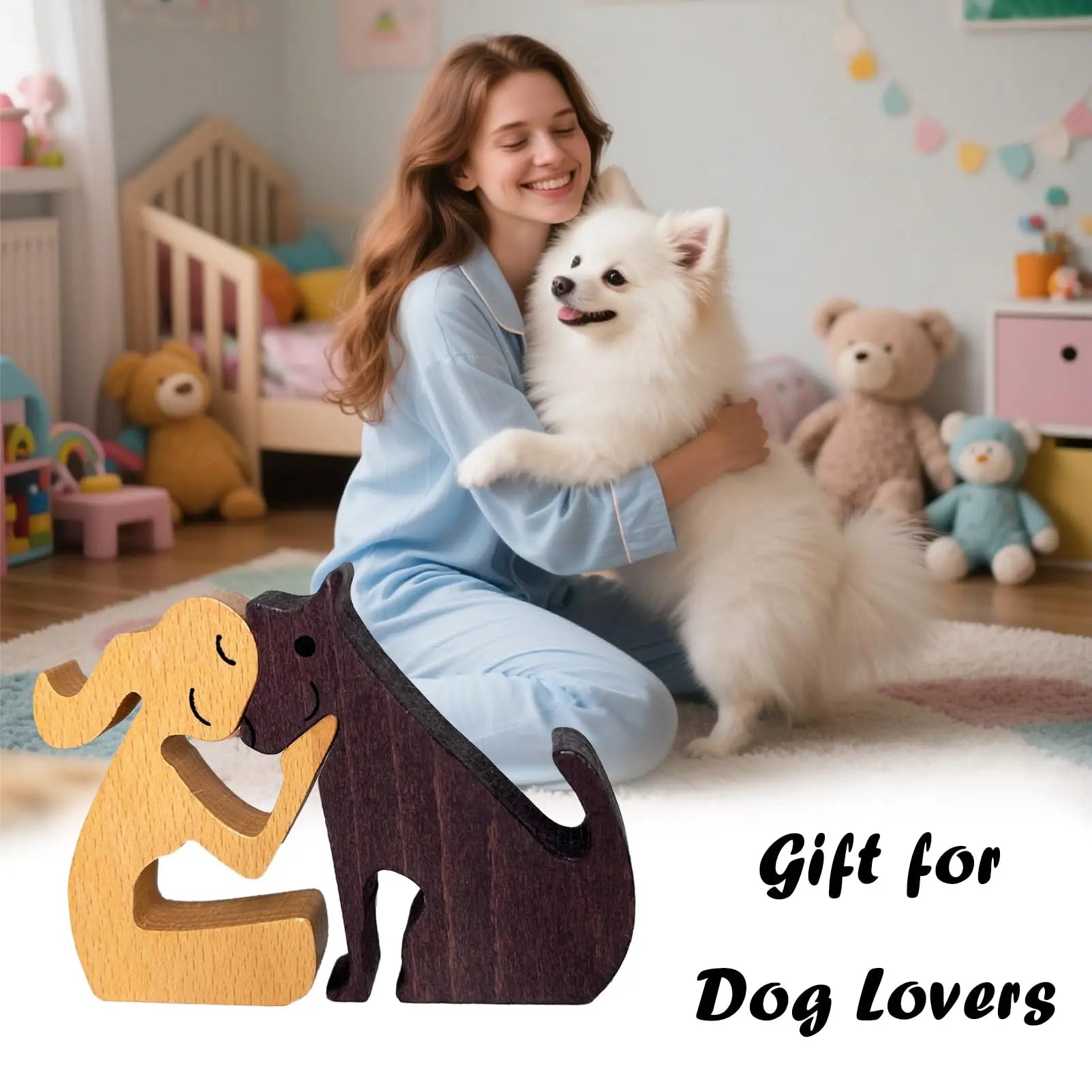 Wooden girl and dog statue hand carved wood figurines for pet lovers gift office desk decorations home accents shelf