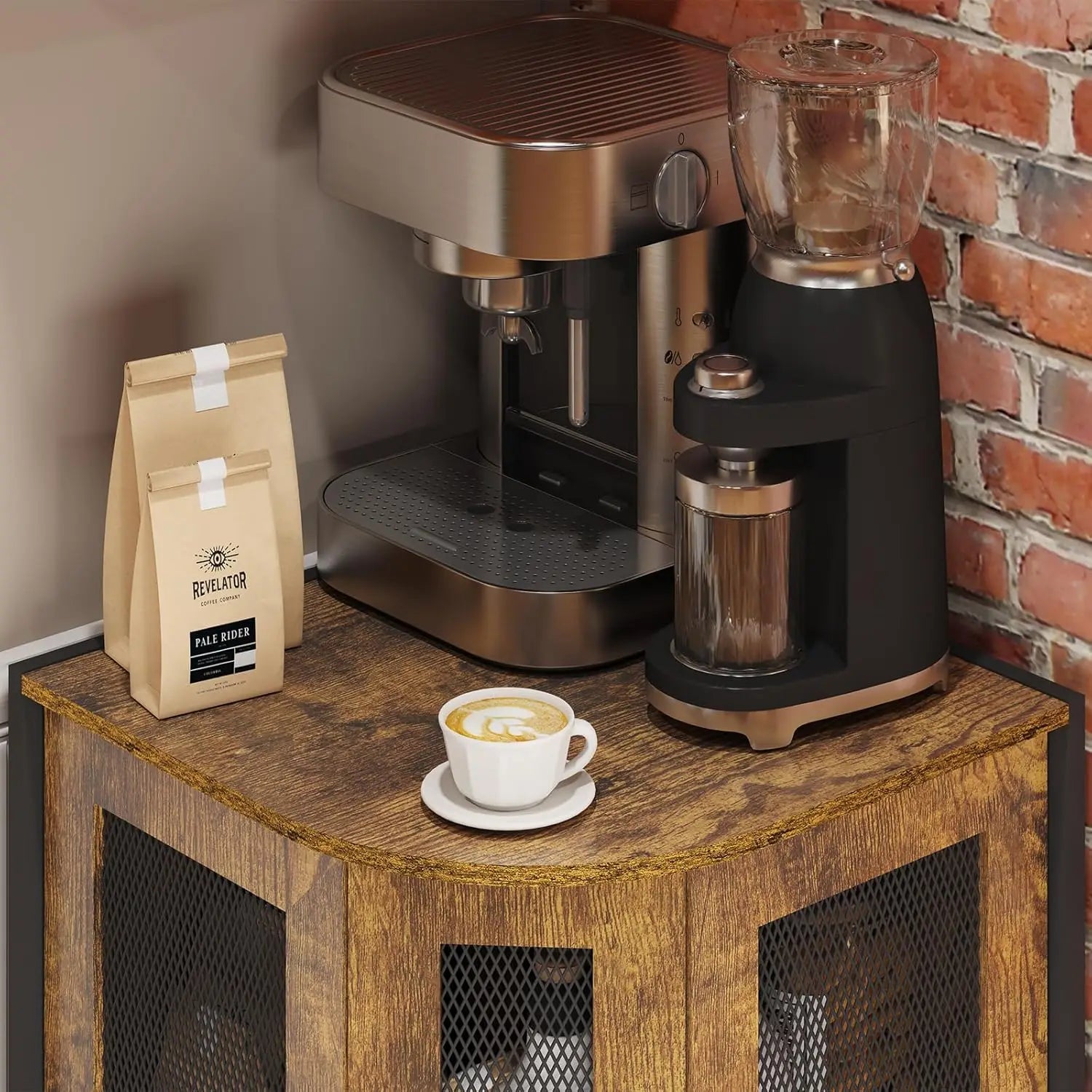 Coffee bar cabinet 3-tier corner with storage shelf & 18.7’’ countertop rustic wood station mag - united states / brown