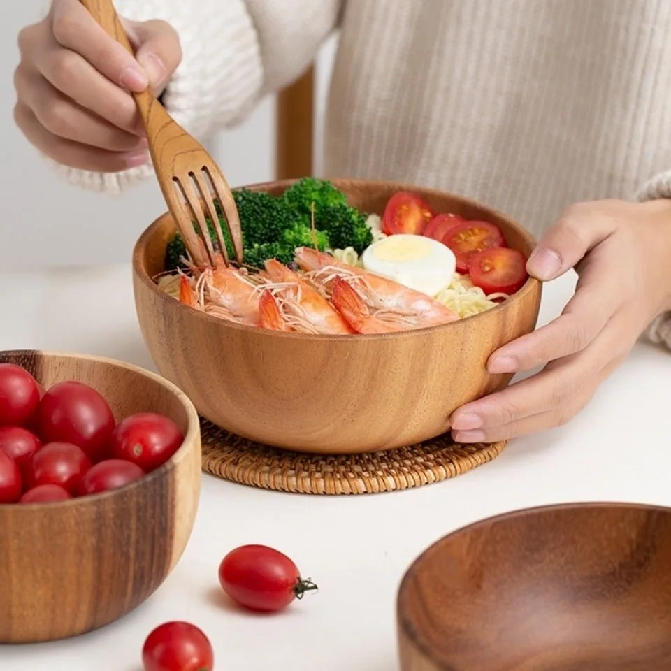 Household solid wood bowl japanese acacia salad mixing wooden basin kneading tableware ramen