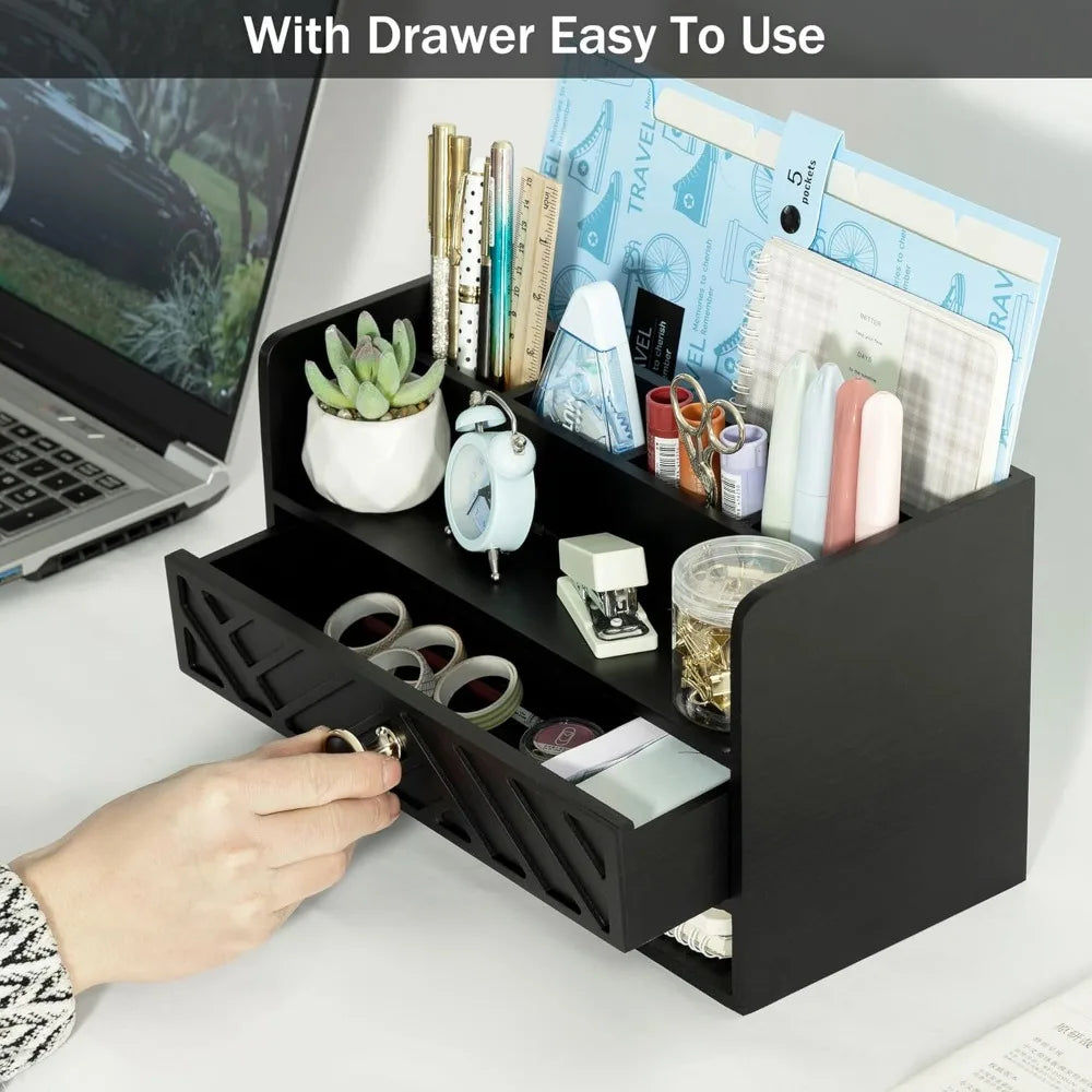 Black wood desk organizer and accessories with drawer bill mail file holder for office supplies access - united states