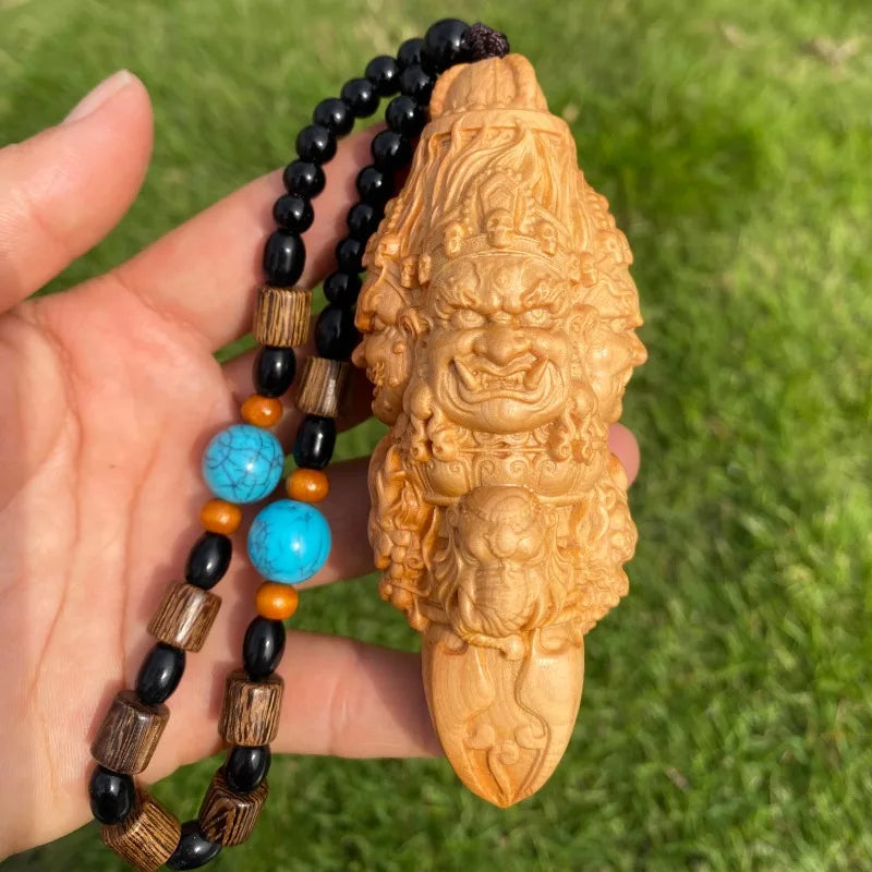Hand carved cypress wooden multi face vajra phurpa pendant charm - buddhist ritual tool portable piece car hanging gift