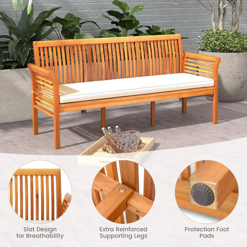 3-person outdoor bench acacia wood porch garden with high backrest curved armrests & seat cushion for backyard de