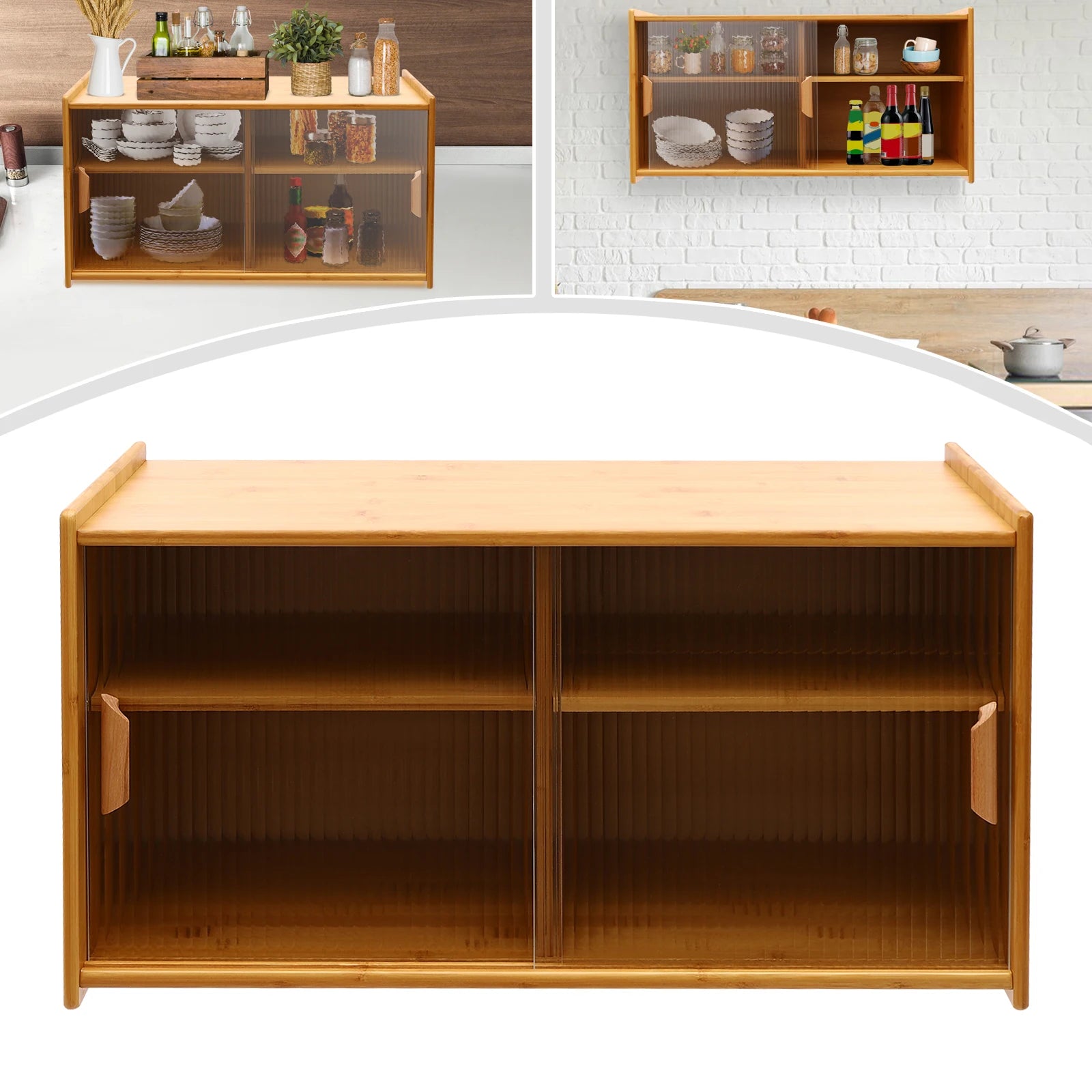 Wall mount bamboo wood pantry cabinet,77/80cm 2 tiers log color/walnut rectangular sideboard with glass doors