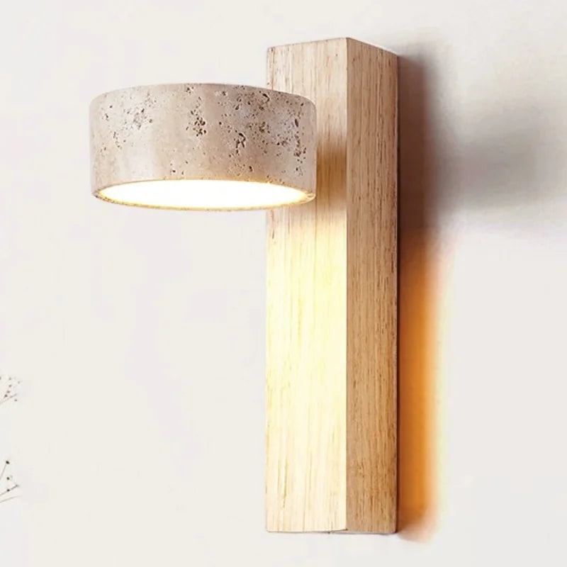 Cream style bedroom bedside wall lamp with pull switch wire rotatable led light stone homestay log wood walnut soft
