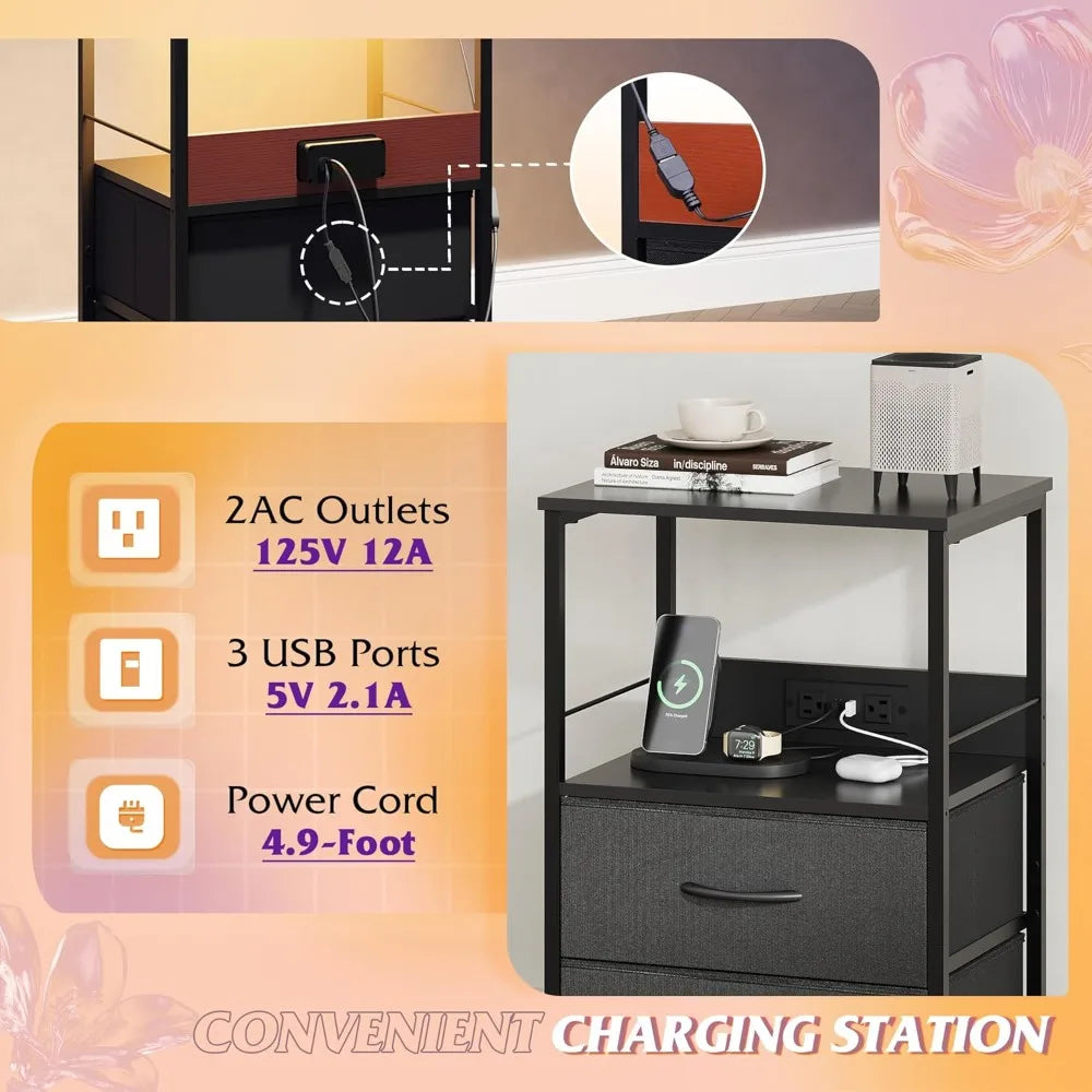 Night stand with charger station black nightstand 2 fabric drawers and storage shelf led bedside table bedroom small en