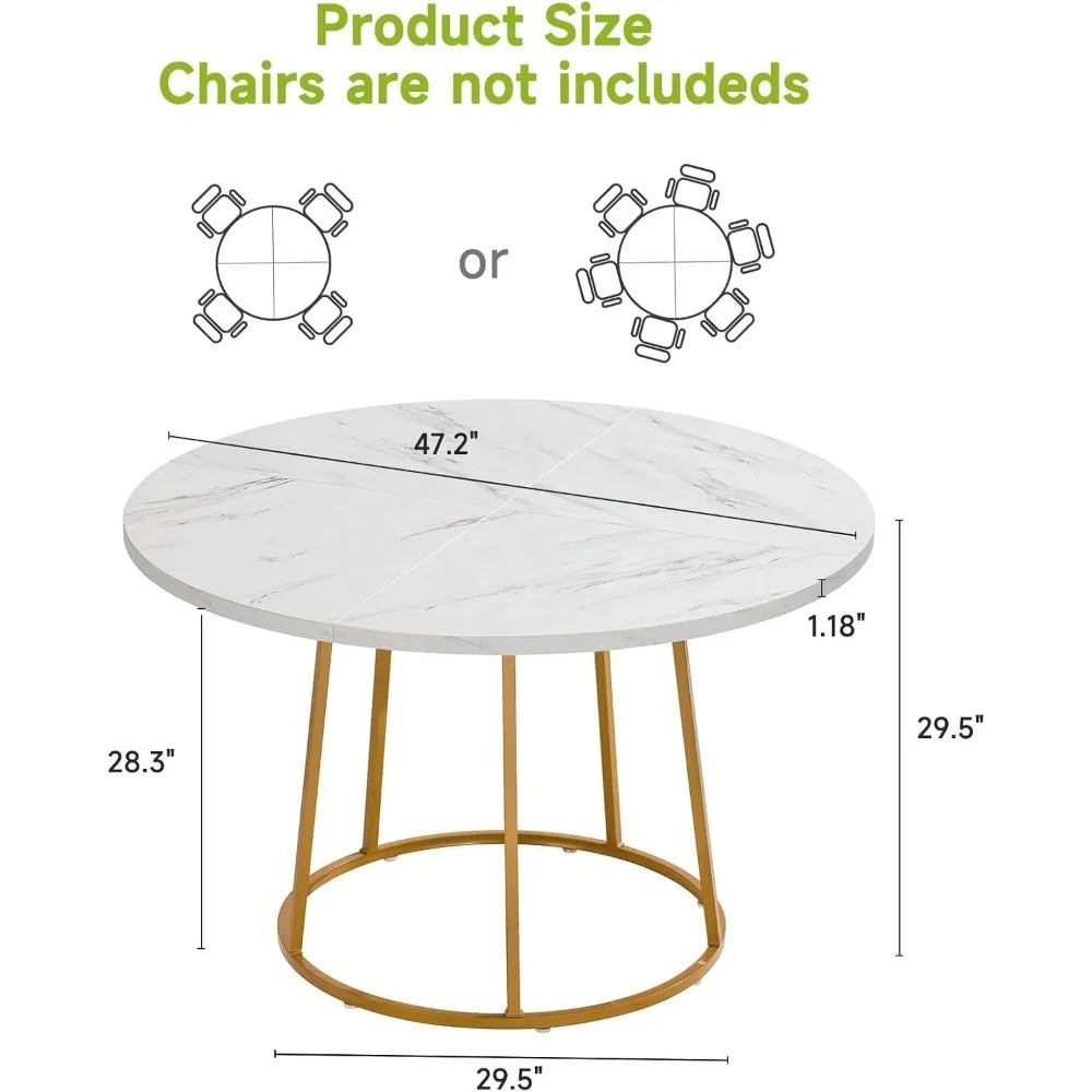 Modern circular wooden dining table for 4-6 47.24’’ diameter with faux marble top and gold base - united states / white