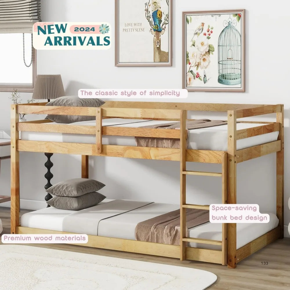 Low bunk beds twin over floor bed frame junior loft for kids boys girls teens natural
