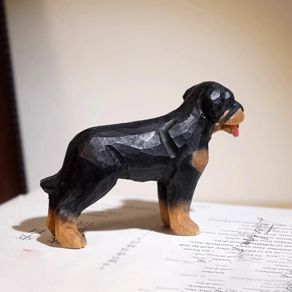 Handcrafted wood carving dog statue rottweiler figurines dog sculpture for room christmas gift handsome realistic