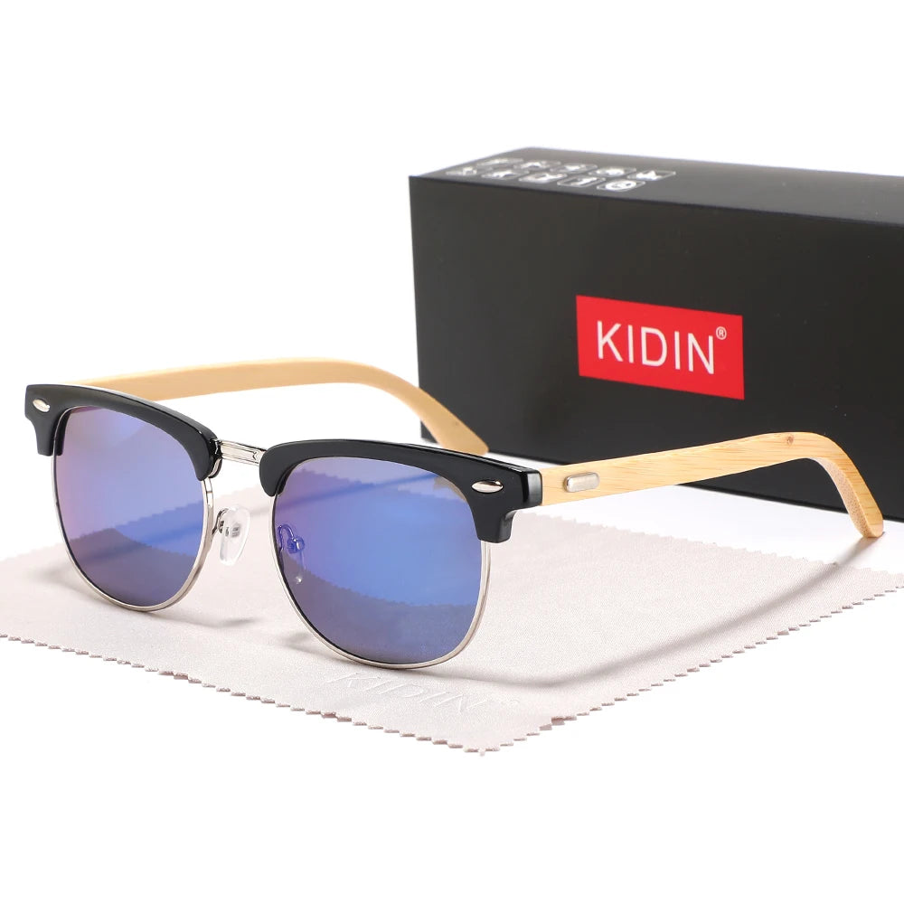 Fashionable new rice nail glasses men half frame bamboo and wood sunglasses classic retro wooden foot women - blue