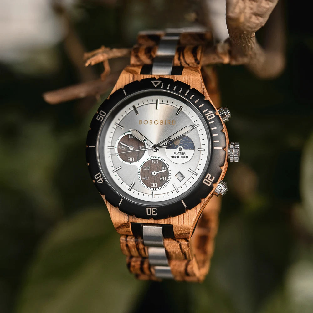 Bobo bird men’s watches wood & stainless steel combined wristwatch chronograph auto-date clock with gift box - gt111