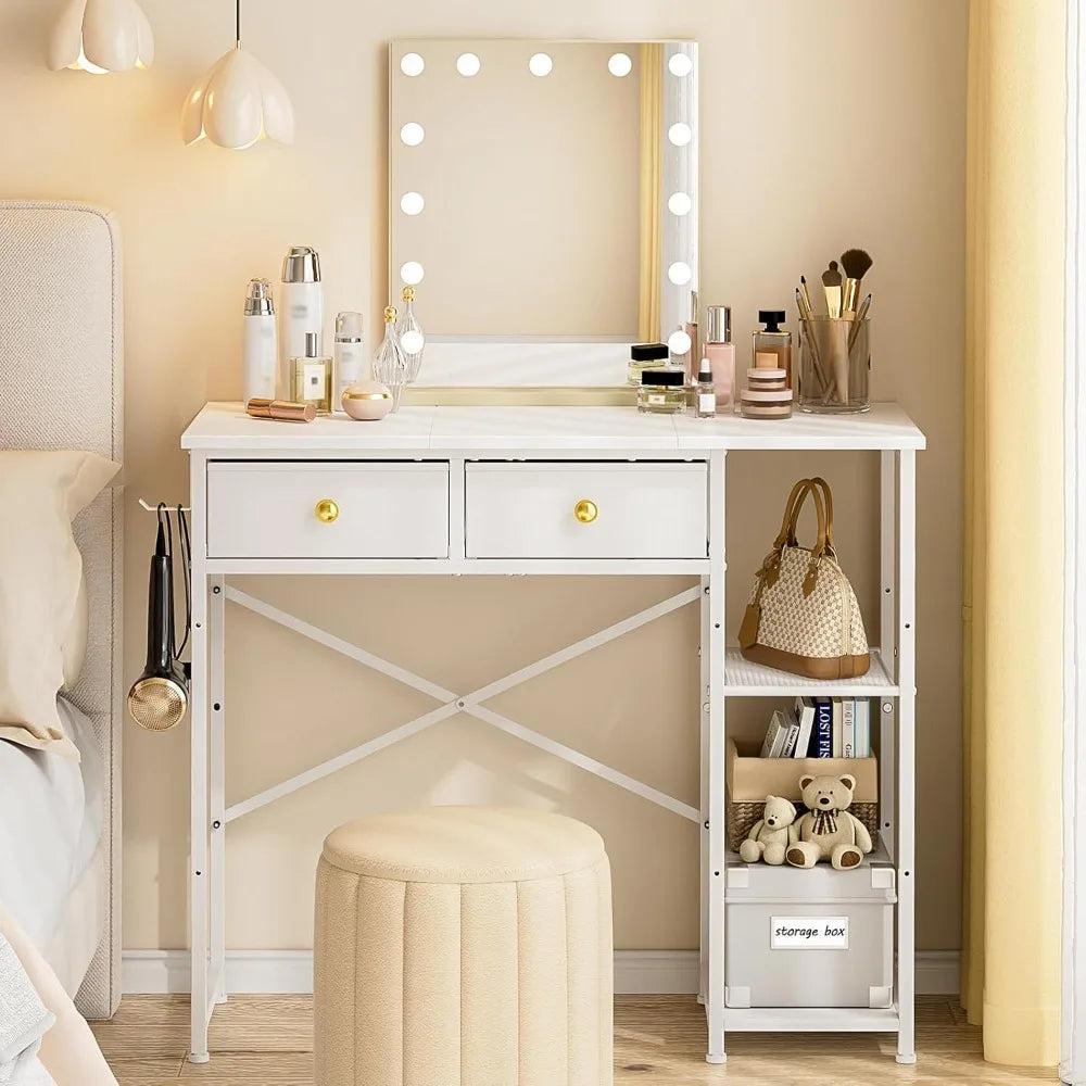 White vanity desk without mirror for bedroom makeup with 2 fabric drawers iron hook 36 inches wi - white / united states