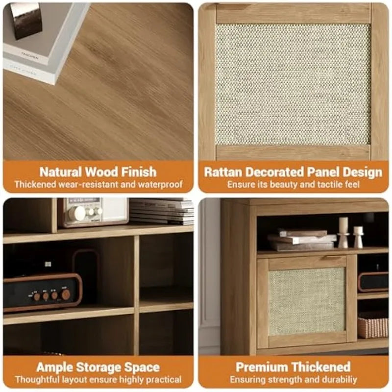 Rattan tv stand with storage place for living room brown console cabinet shelf 58’’ entertainment center med - united