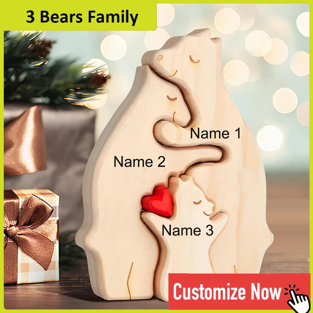 Personalized custom bear family wooden puzzle diy free engraving name sculpture home deskdecor figurines christmas