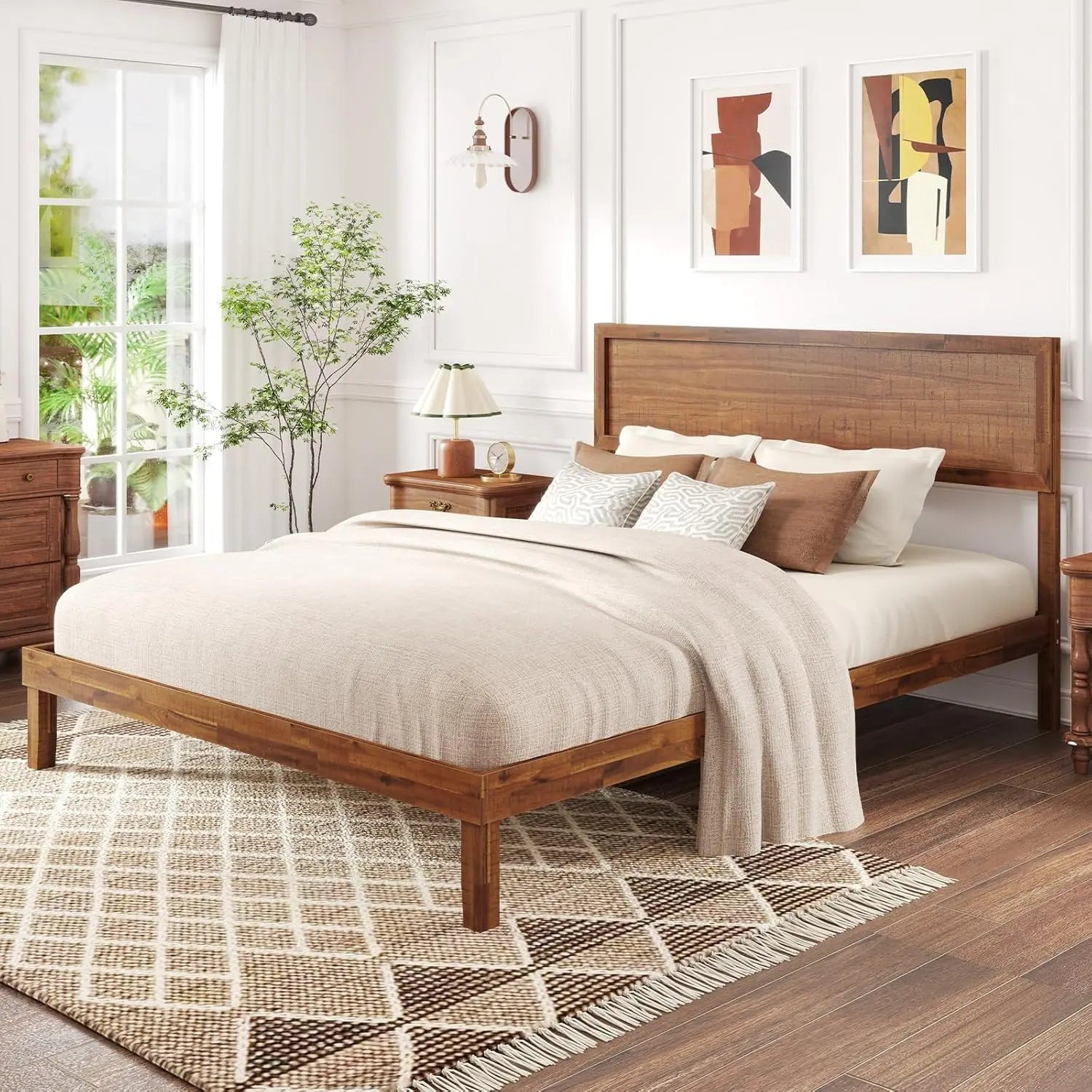 Wood queen bed frame with headboard mid century modern platform size solid legs & wooden slat support - united states