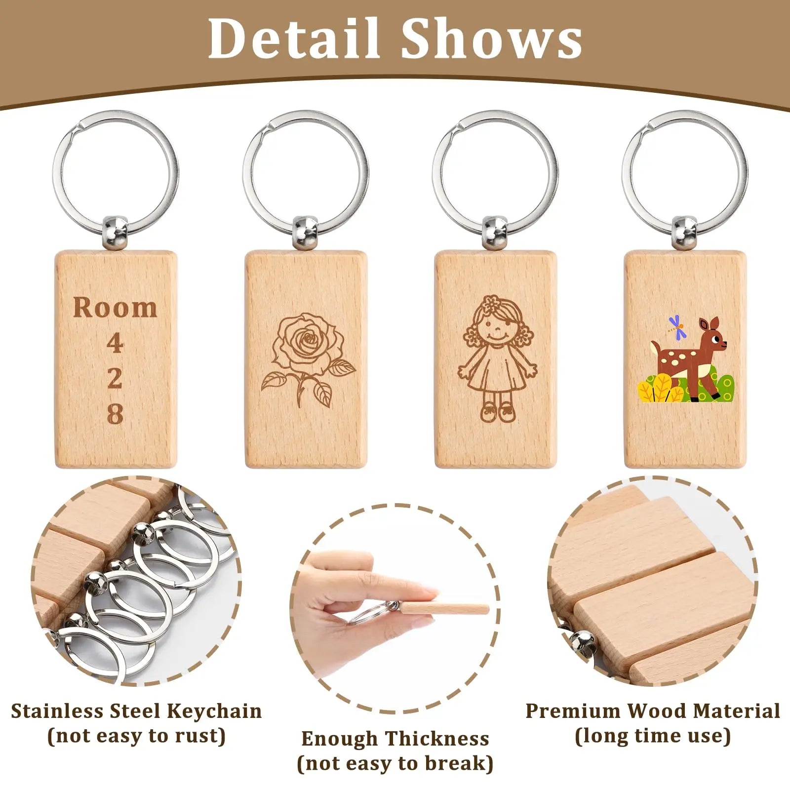 100pcs blank wooden keychain rectangular engraving key id can be engraved diy - x - chain