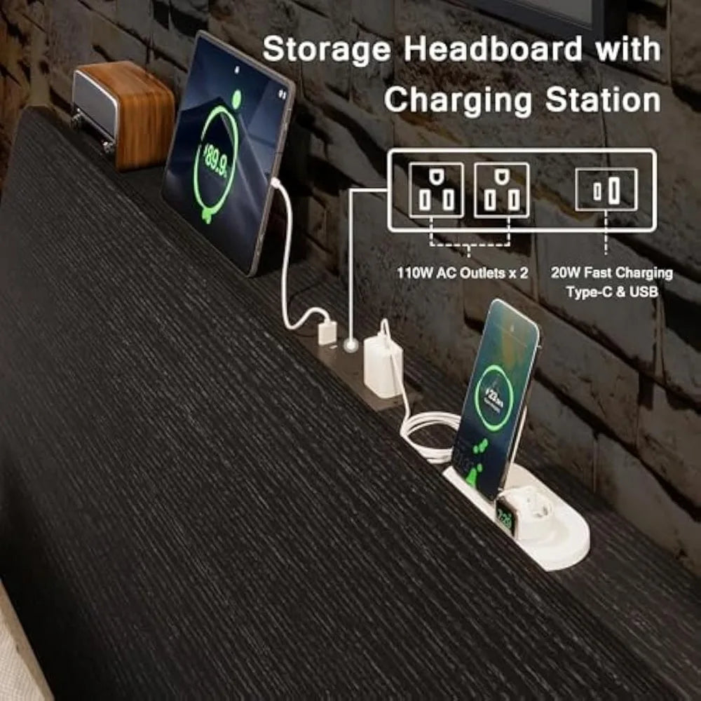 Queen size metal bed frame with led lights & charging station ergonomic platform wooden storage headboard heavy-duty