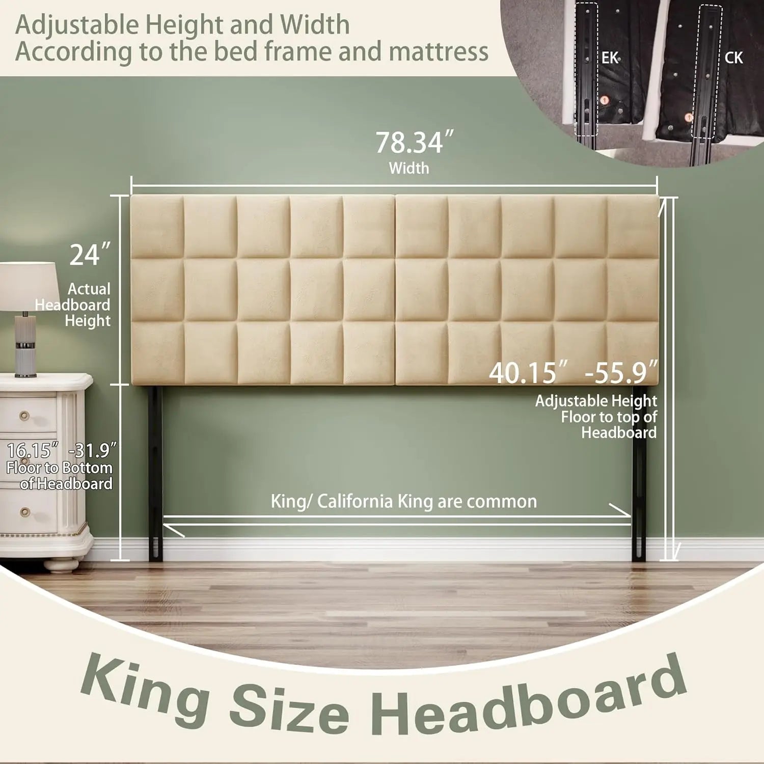 Velvet upholstered tufted king size headboard,wood head board with metal legs adjustable height from 42” to 56”