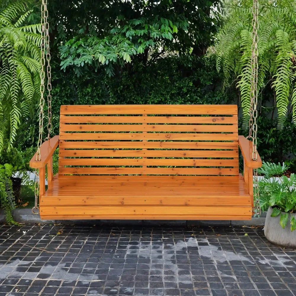 Wooden porch swing 2 seat - outdoor swinging chairs with hanging chains 600 lbs weight capacity 4 ft finished fir wood