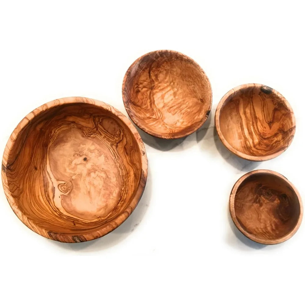 Handcrafted olive wood serving bowls - unique decorative wooden for fruit salad snacks and chips in small medium si
