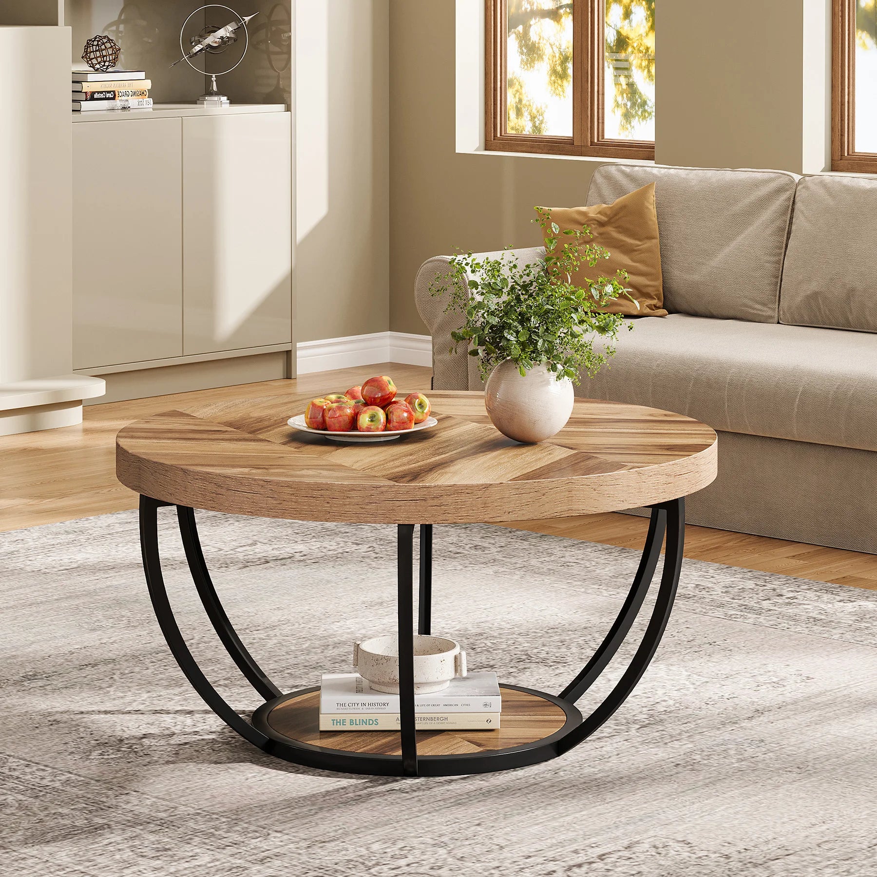 Tribesigns 31.7’’ round coffee table industrial 2-tier circle with storage shelves modern wooden accent center tab