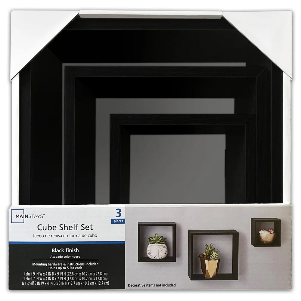 Modern black wood cube shelf set stylish floating storage easy installation home office décor 3 piece holds 5lbs each