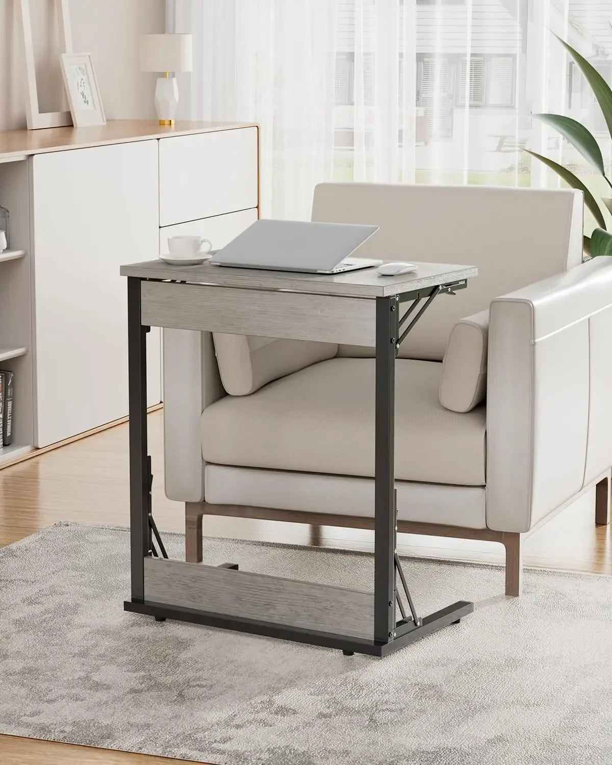 24’’ wide folding c-shaped end table small side desk for couch sofa tv tray with metal frame living room bedroom