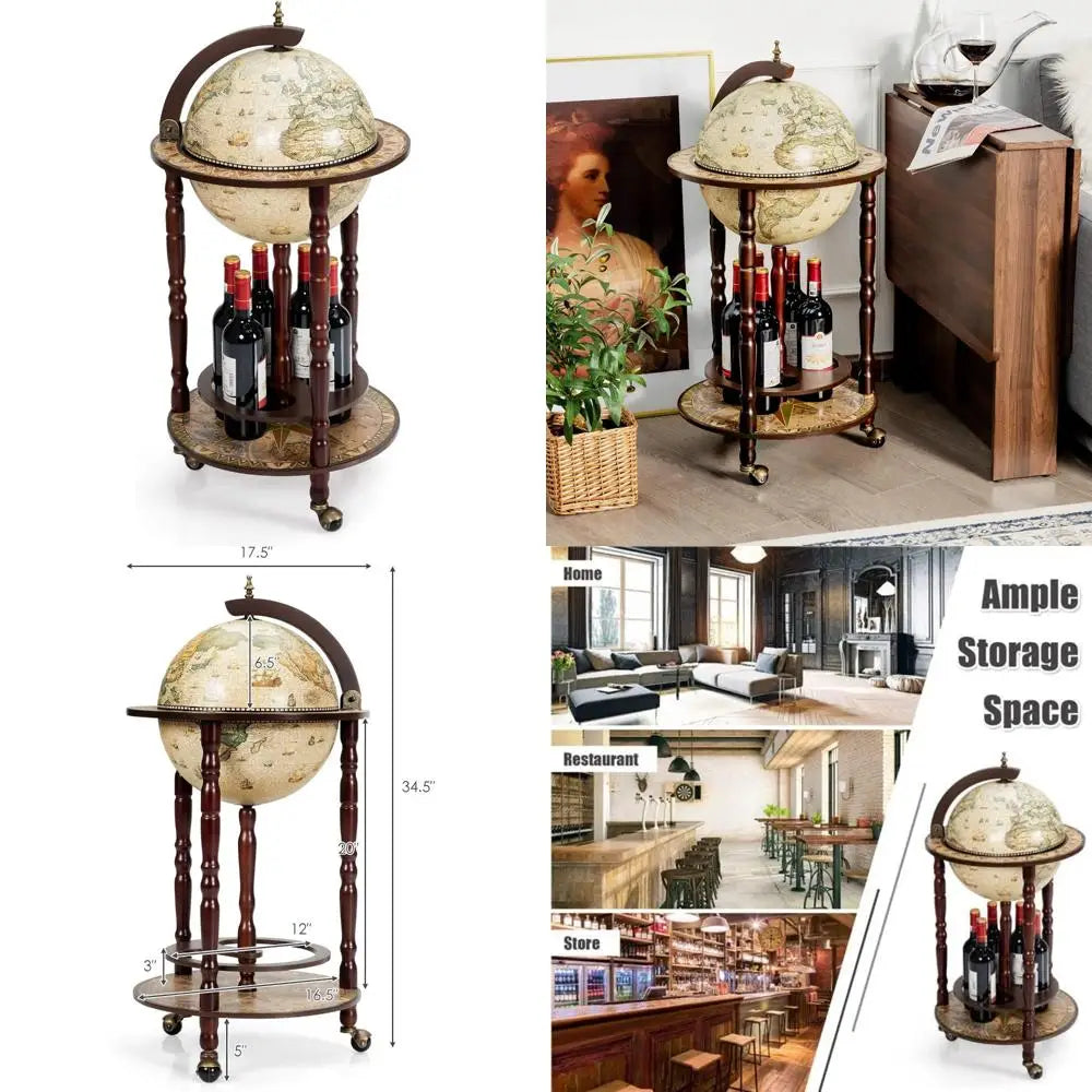 Italian replica 17th century globe wine bar stand with wooden cabinet and rolling wheels for liquor bottles - united