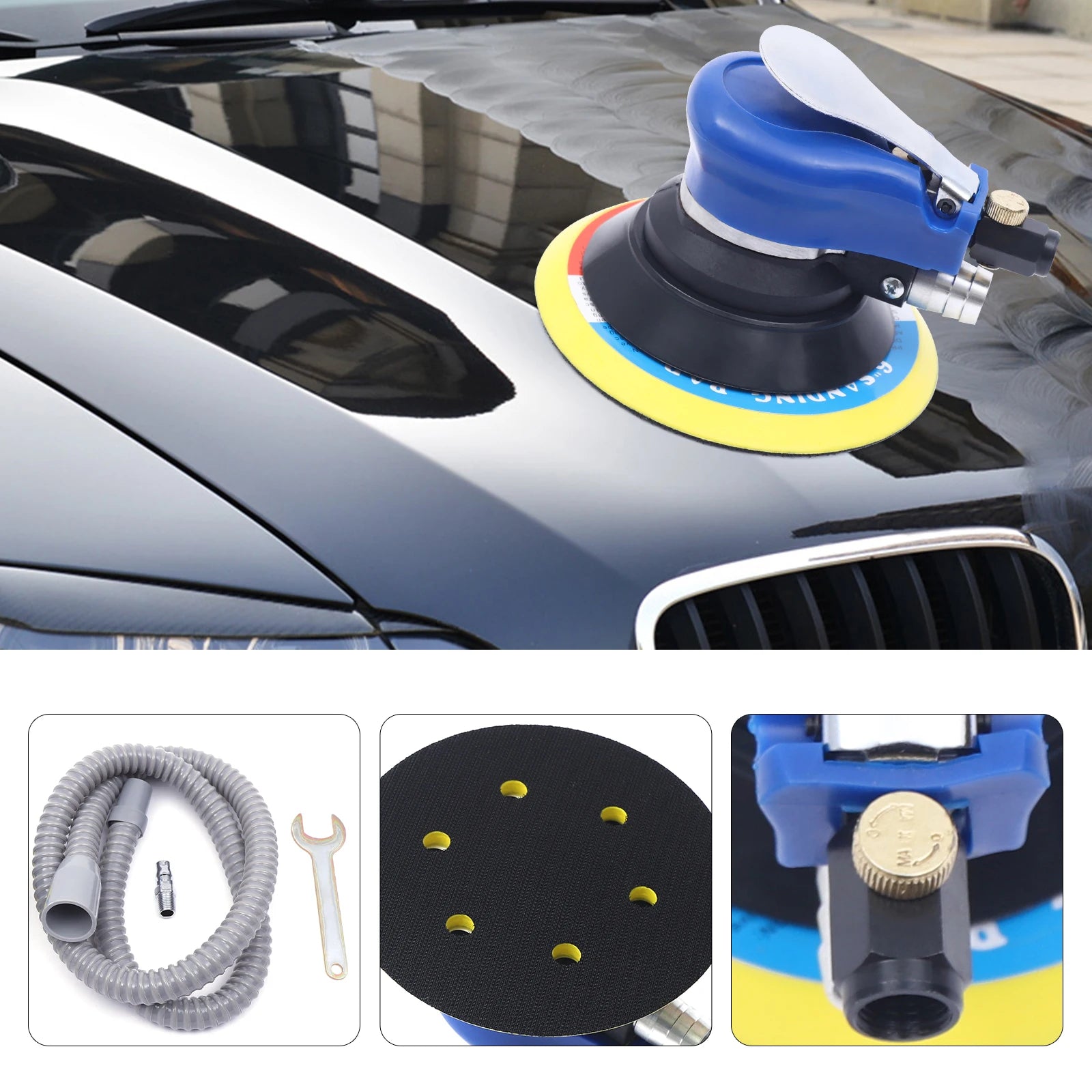 6 inch pneumatic orbital sander non-slip air random sander for woodworking rust removal sanding fine polishing - blue