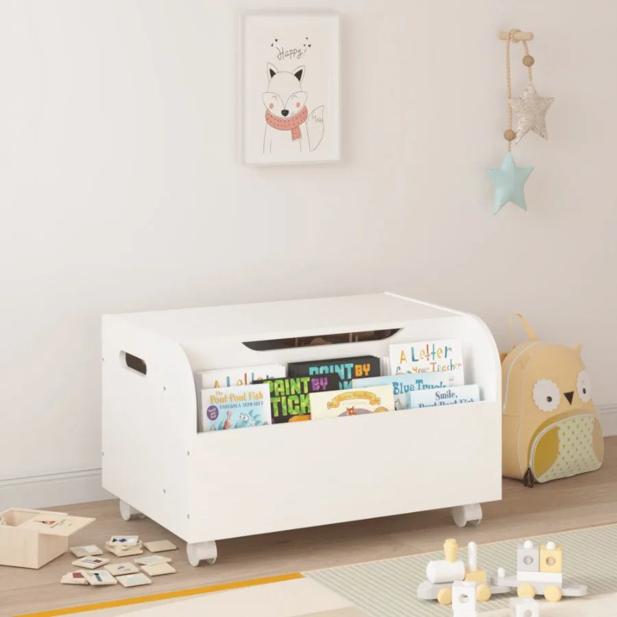 Wooden toy box with 4 universal wheels storage organizer front bookshelf fliptop lid safety hinge boys girls chest