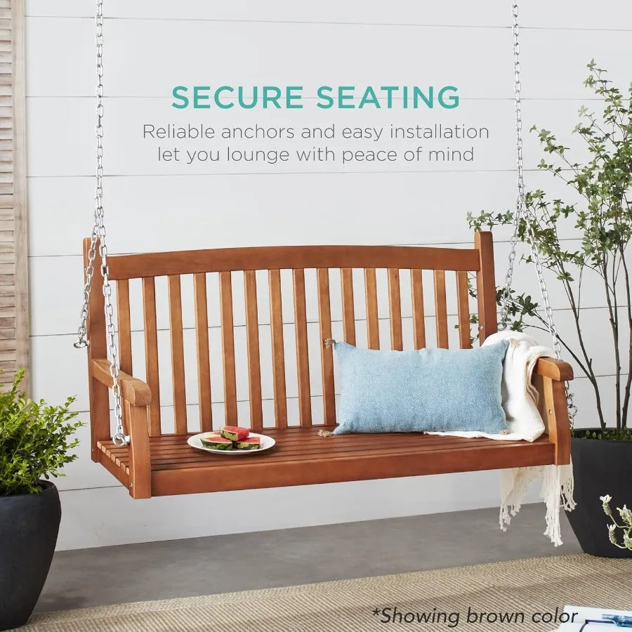 48in wood porch swing outdoor patio hanging bench chair furniture for deck garden yard with mounting chains curved back