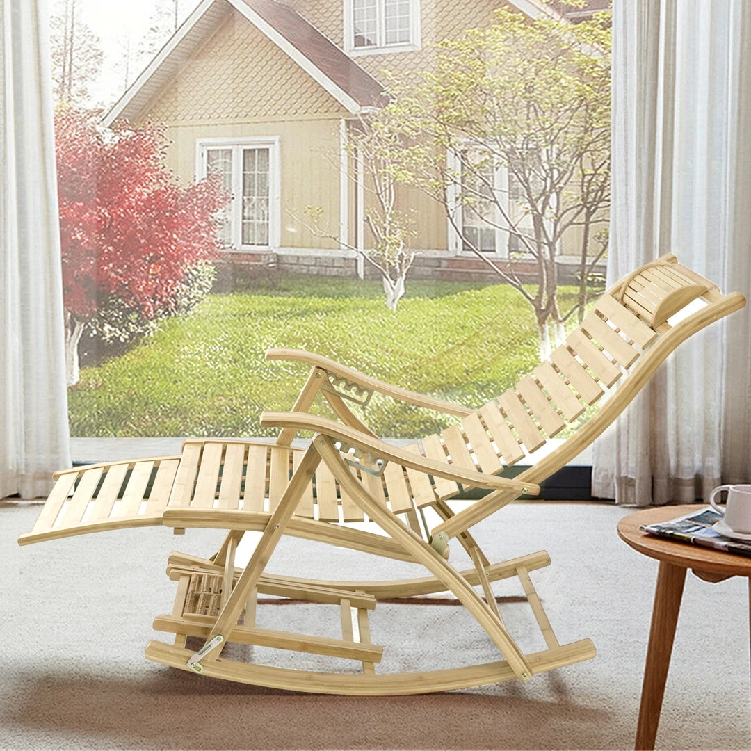 Bamboo folding rocking recliner chair | foot massage & backrest | outdoor beach camping balcony sun lounger with armrest