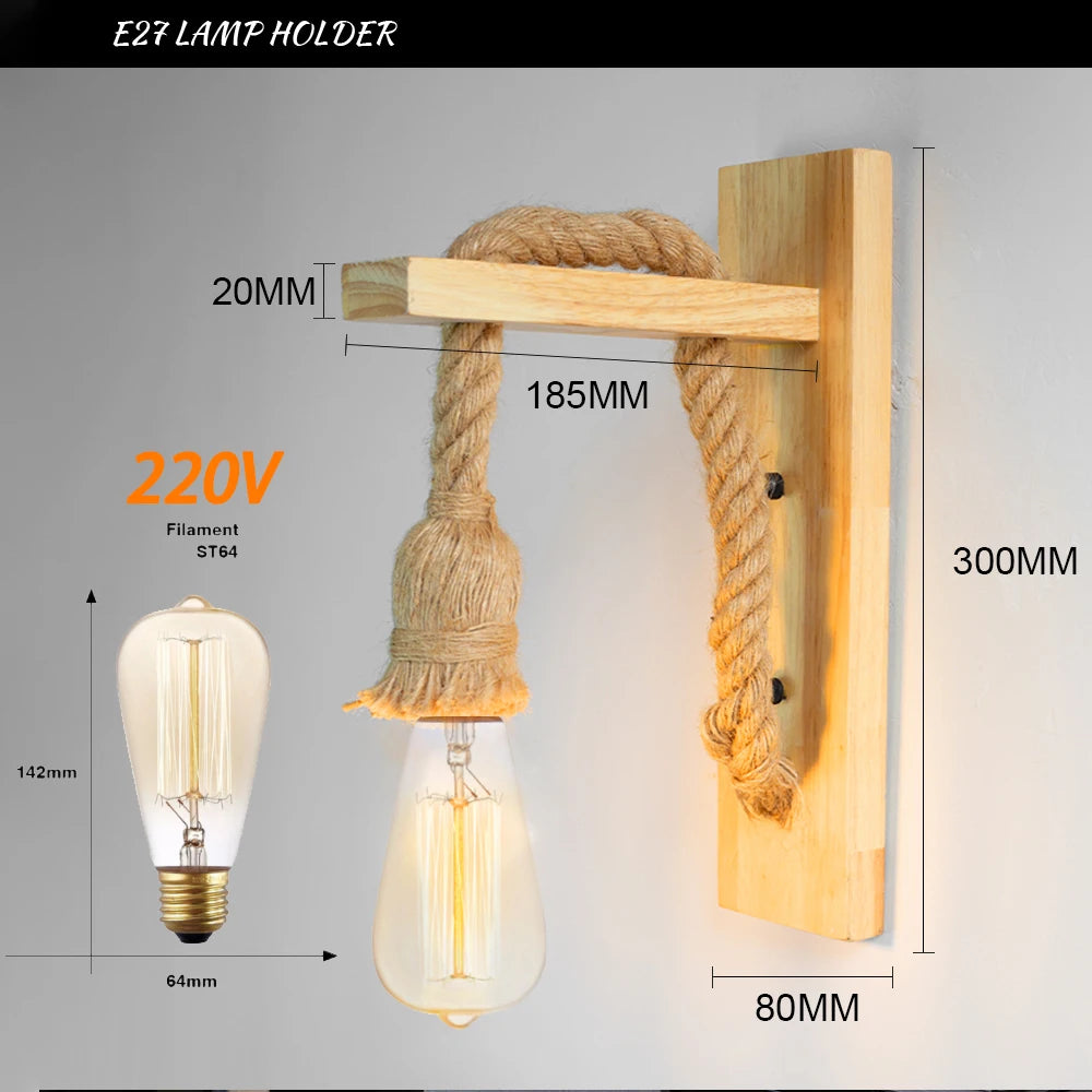 Retor hemp rope wood wall sconce lamps 110v 220v modern bedside light fixtures indoor bathroom room for home decor