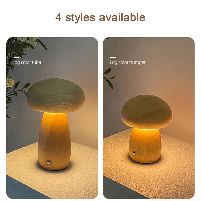 Wooden mushrooms night light touch switch bedroom bedside table lamp walnut beech wood warm dimmable desk usb chargeable
